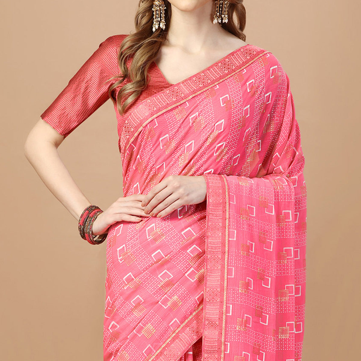 Baby Pink Foil Printed Chiffon Saree With Lace Border
