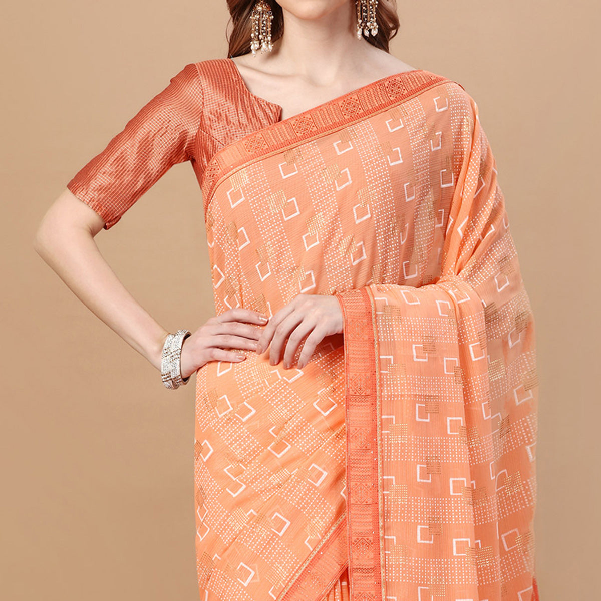 Peach Foil Printed Chiffon Saree With Lace Border