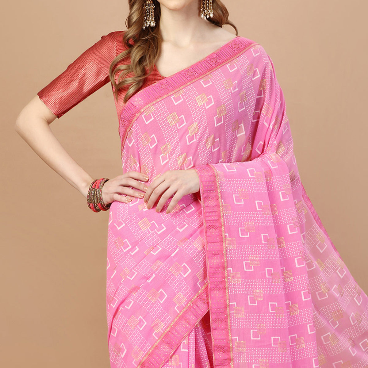 Pink Foil Printed Chiffon Saree With Lace Border