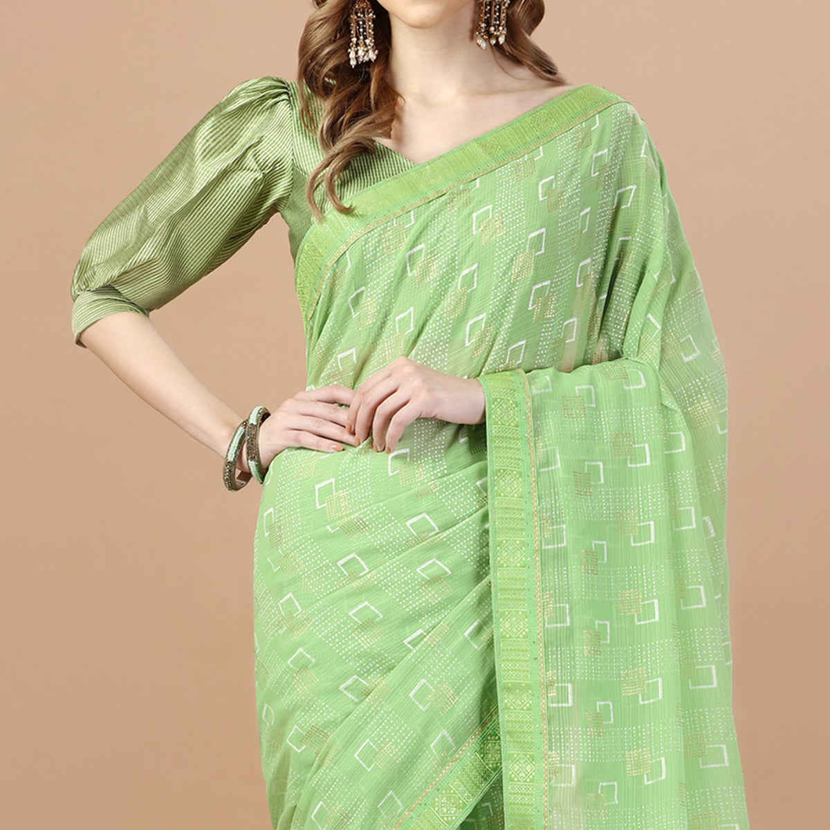 Green Foil Printed Chiffon Saree With Lace Border