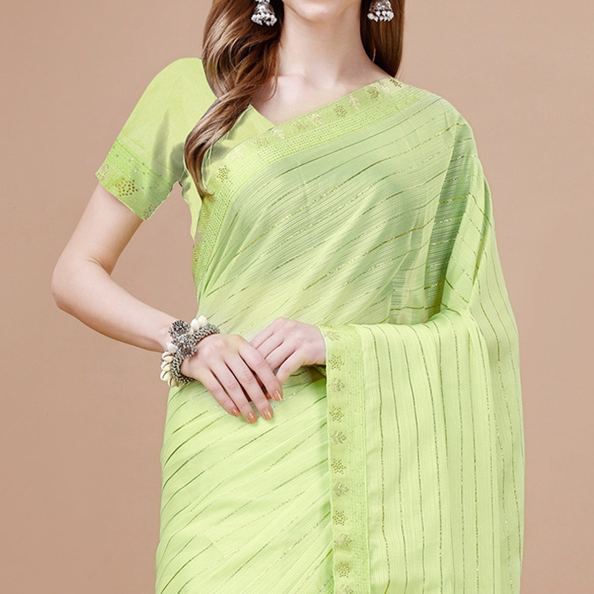 Lemon Green Zari Work Chiffon Saree
