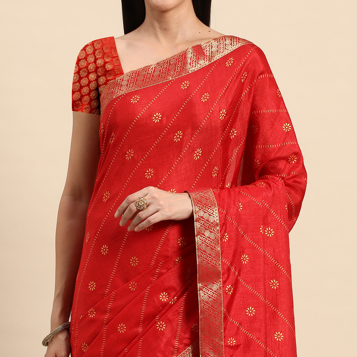 Red Floral Foil Printed Vichitra Silk Saree