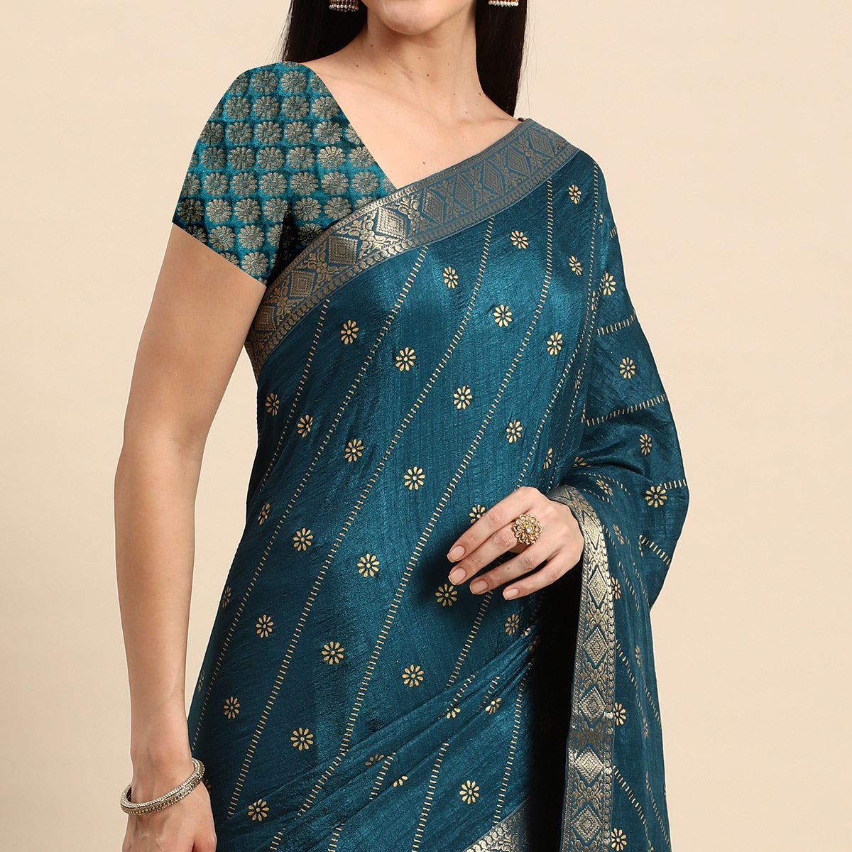 Blue Floral Foil Printed Vichitra Silk Saree