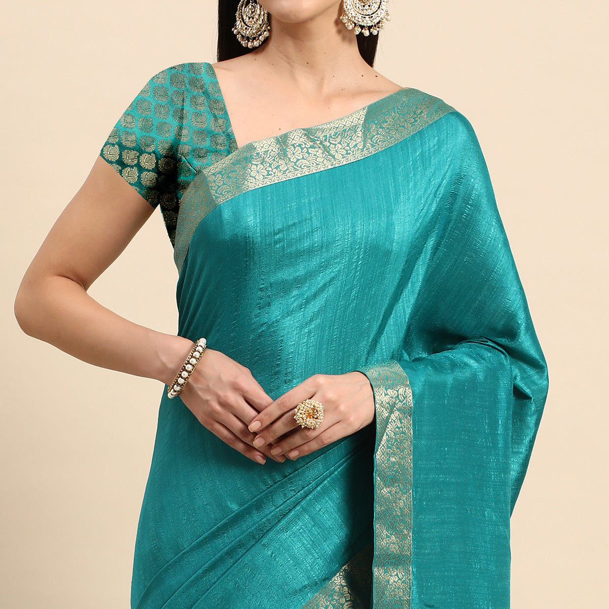 Rama Blue Solid Vichitra Silk Saree With Fancy Zari Border