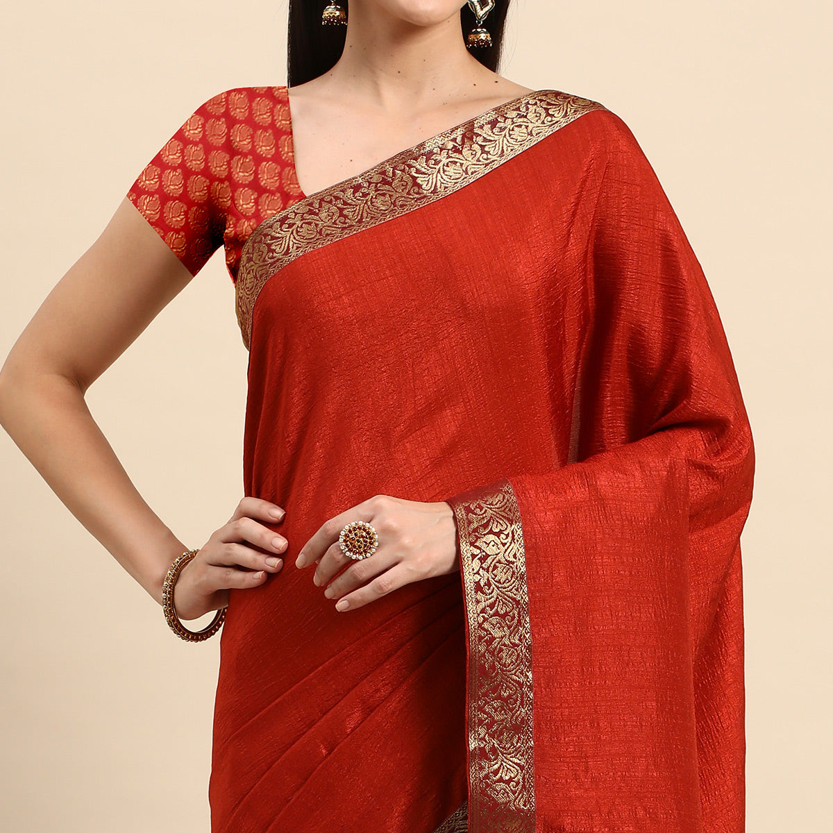 Rust Solid Vichitra Silk Saree With Fancy Zari Border