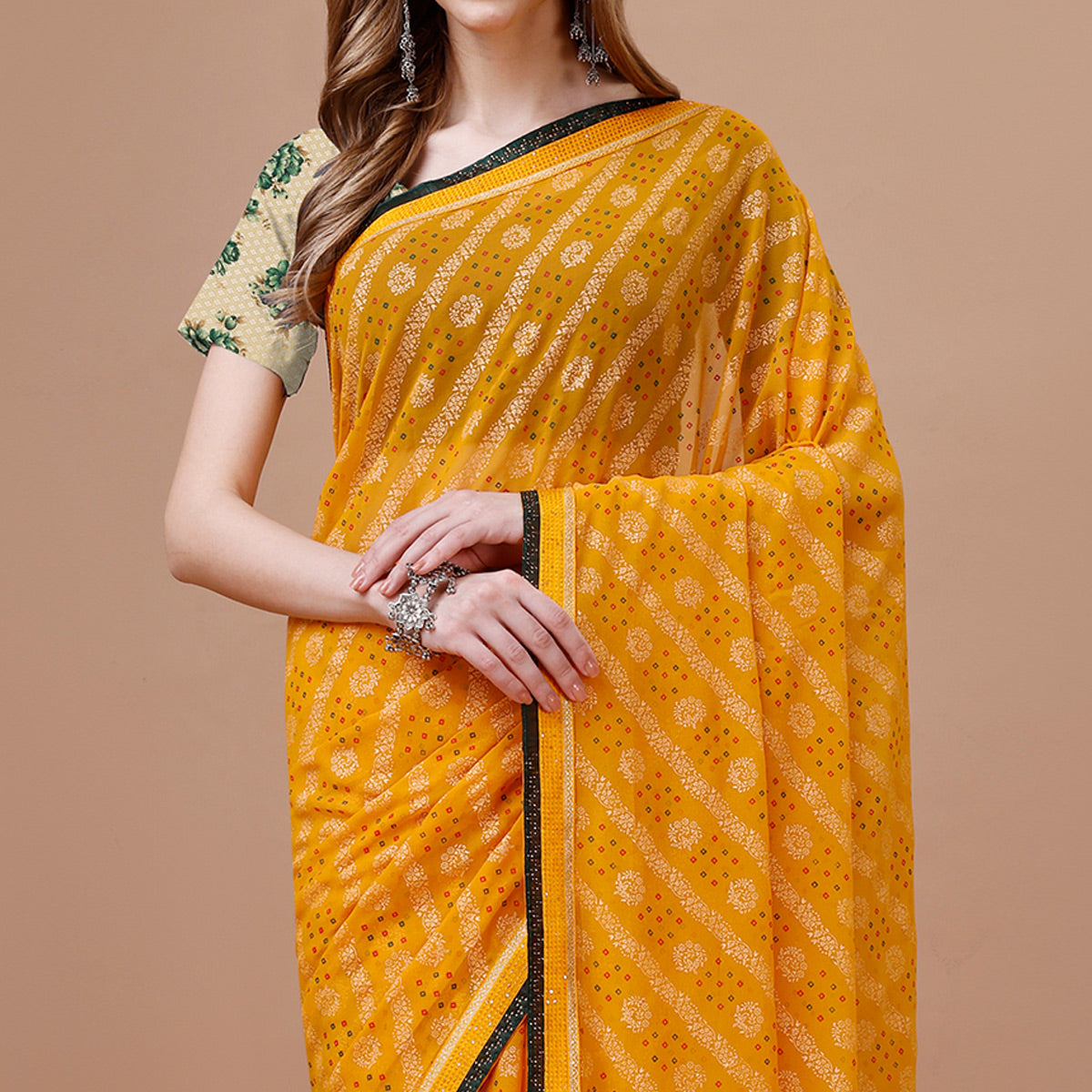 Yellow Floral Foil Printed Chiffon Saree With Lace Border