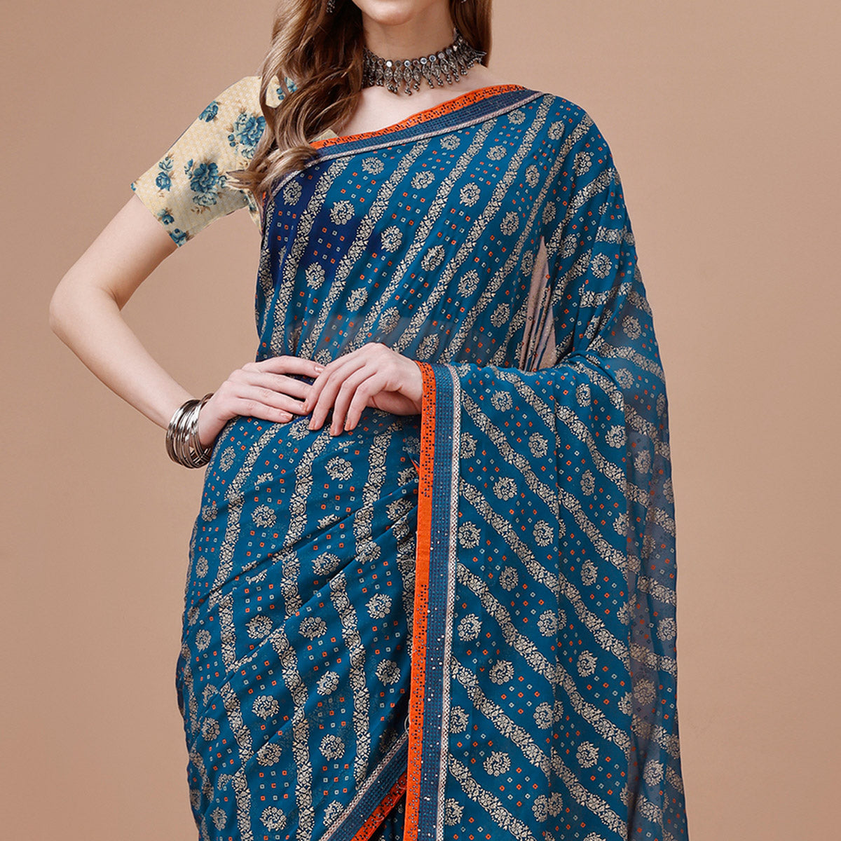 Blue Floral Foil Printed Chiffon Saree With Lace Border