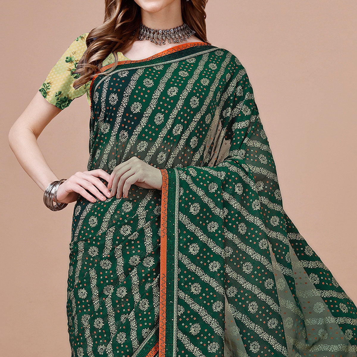 Green Floral Foil Printed Chiffon Saree With Lace Border