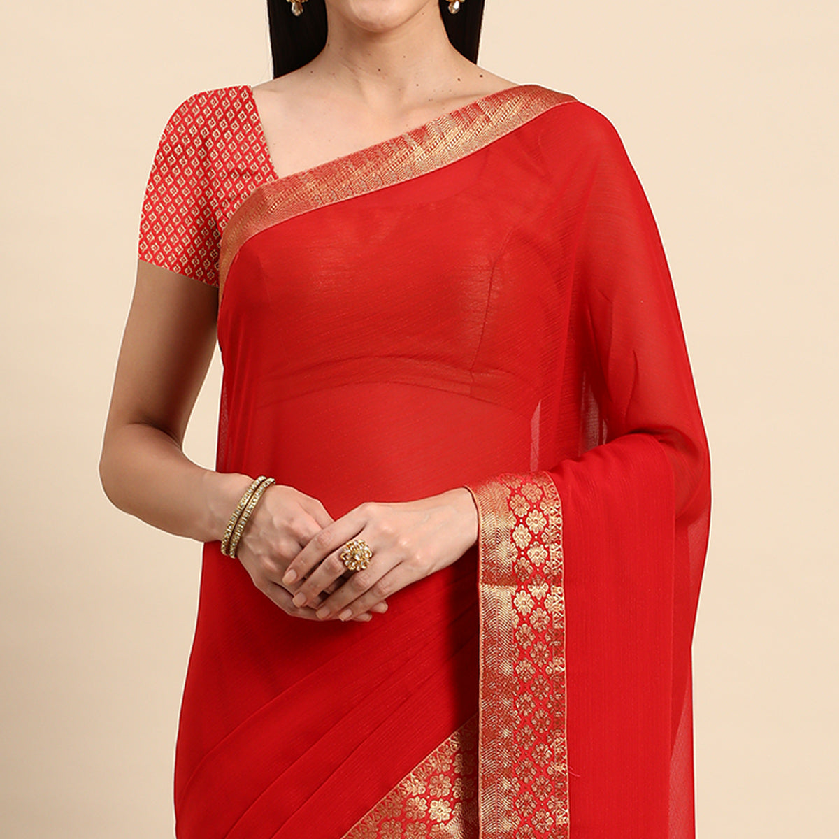 Red Swarovski Work Chiffon Saree With Zari Border