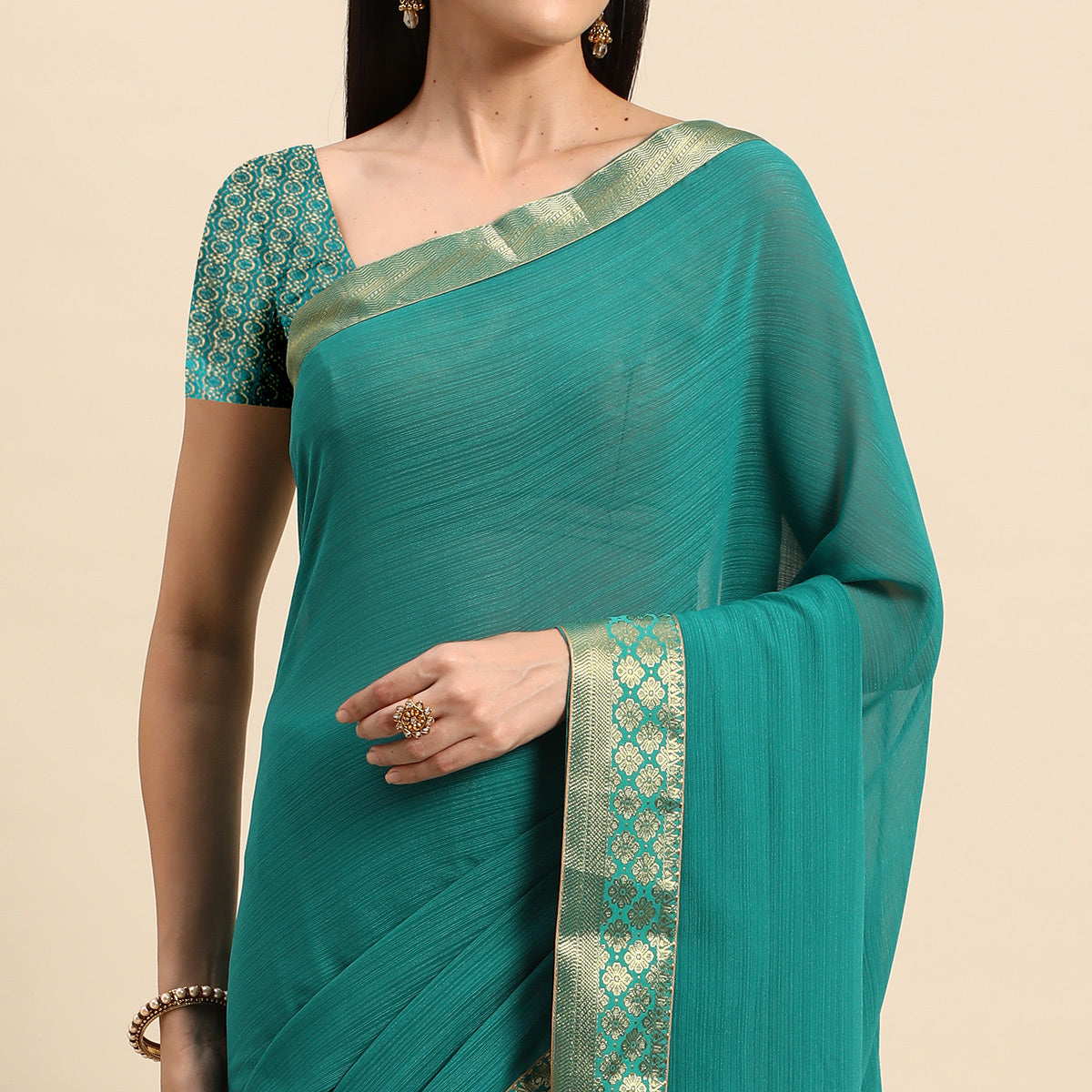 Rama Blue Swarovski Work Chiffon Saree With Zari Border