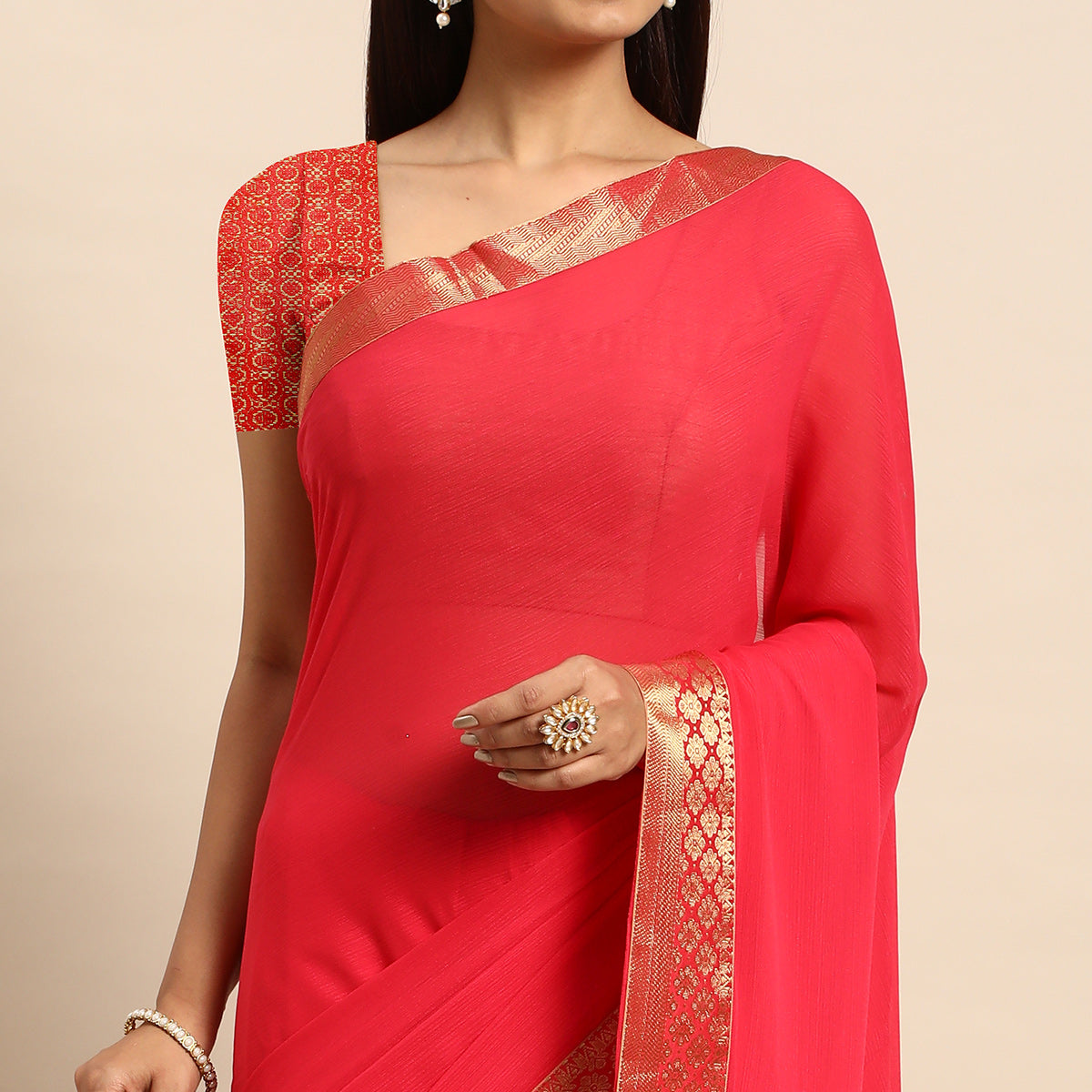 Pink Swarovski Work Chiffon Saree With Zari Border
