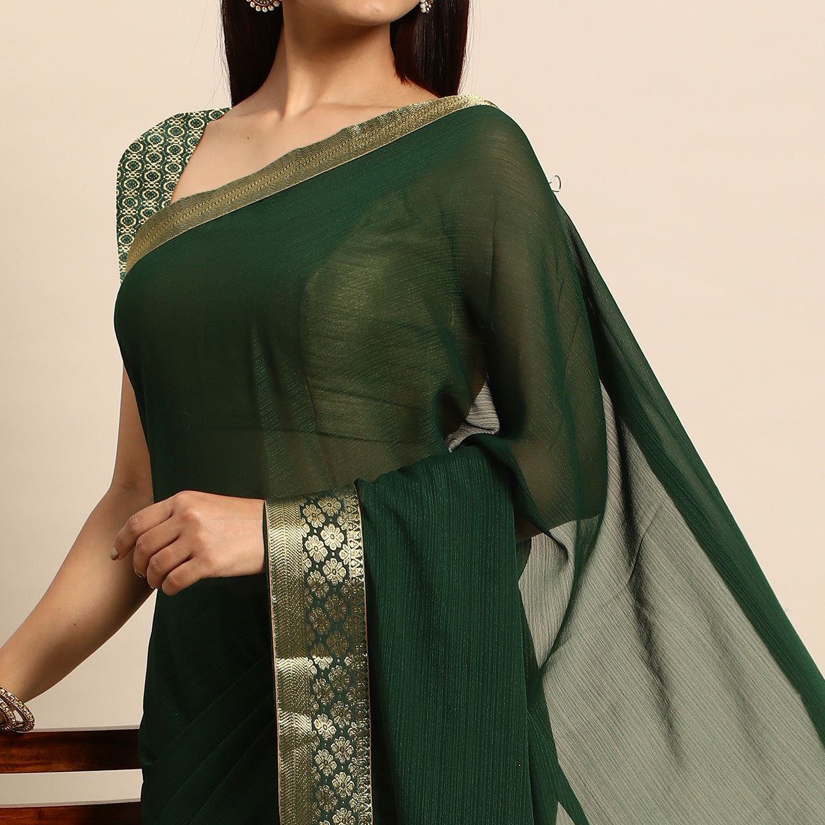 Green Swarovski Work Chiffon Saree With Zari Border