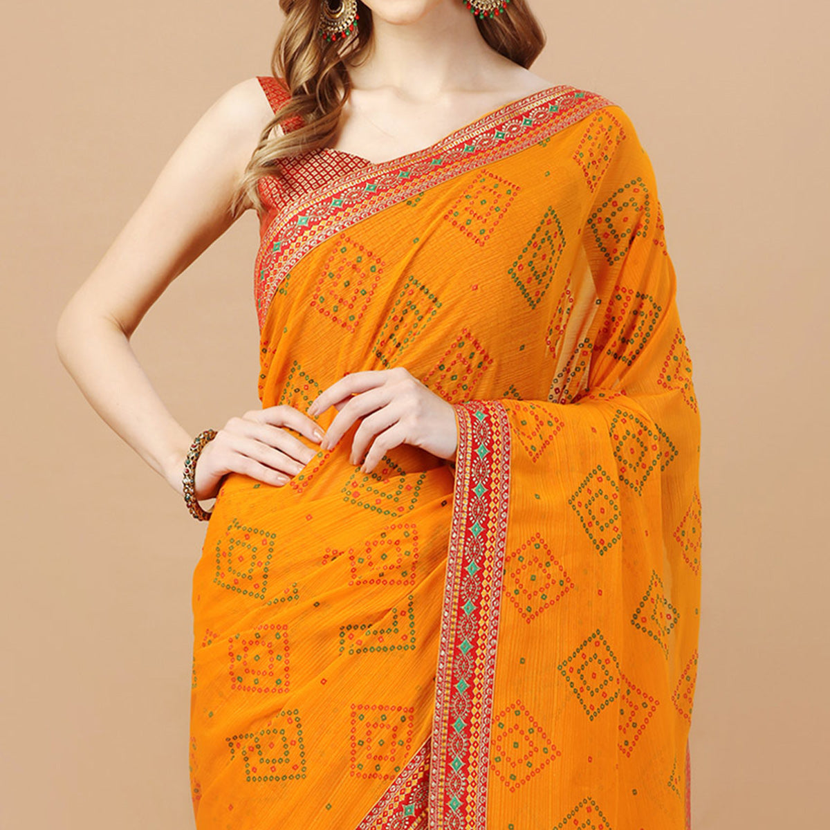 Yellow Bandhani Printed Chiffon Saree