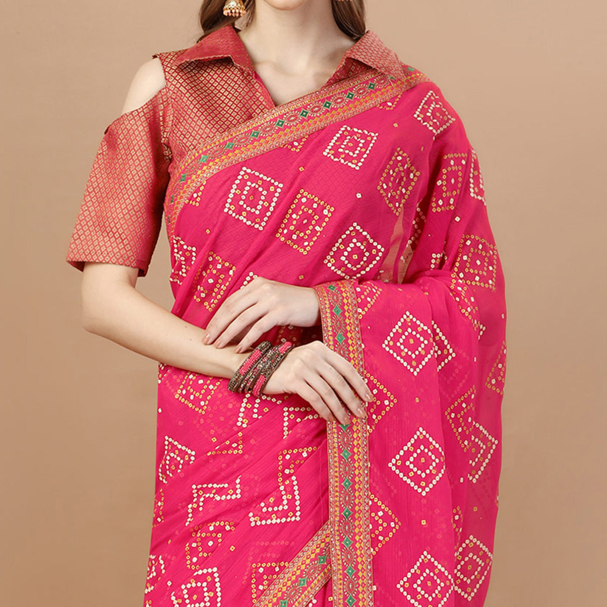 Pink Bandhani Printed Chiffon Saree
