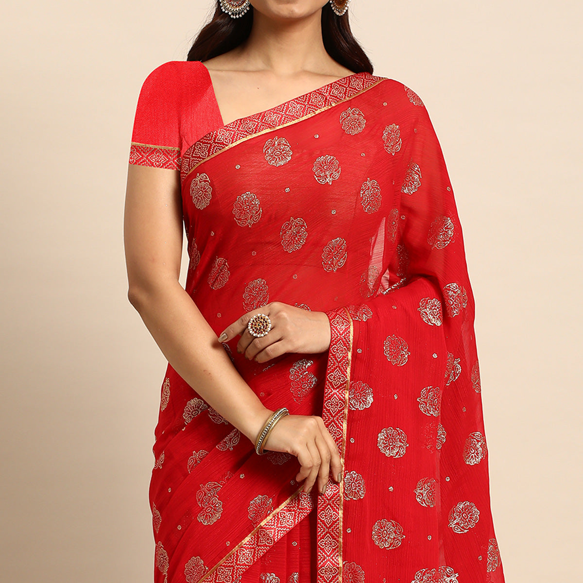 Red Foil Printed With Embellished Chiffon Saree