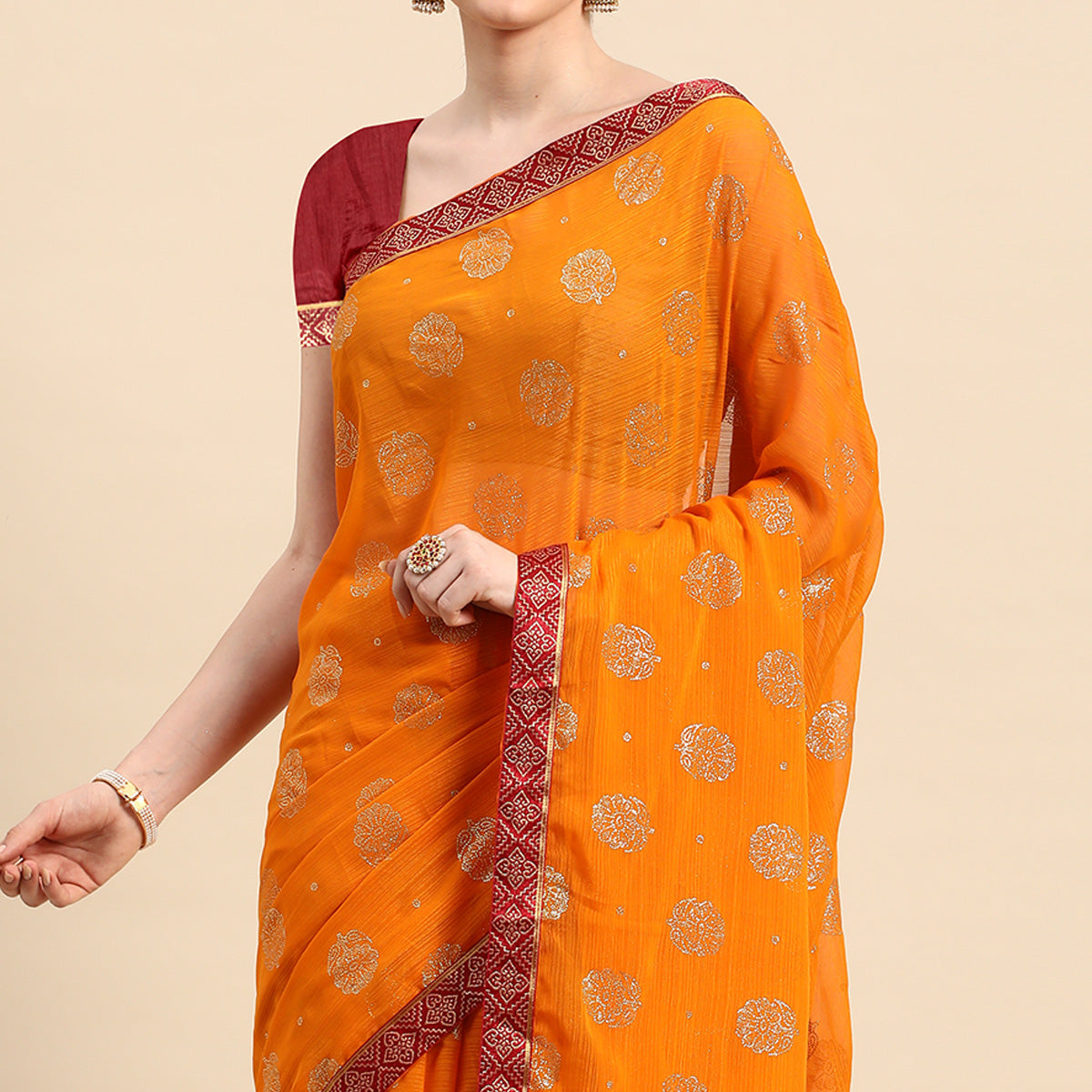 Mustard Foil Printed With Embellished Chiffon Saree