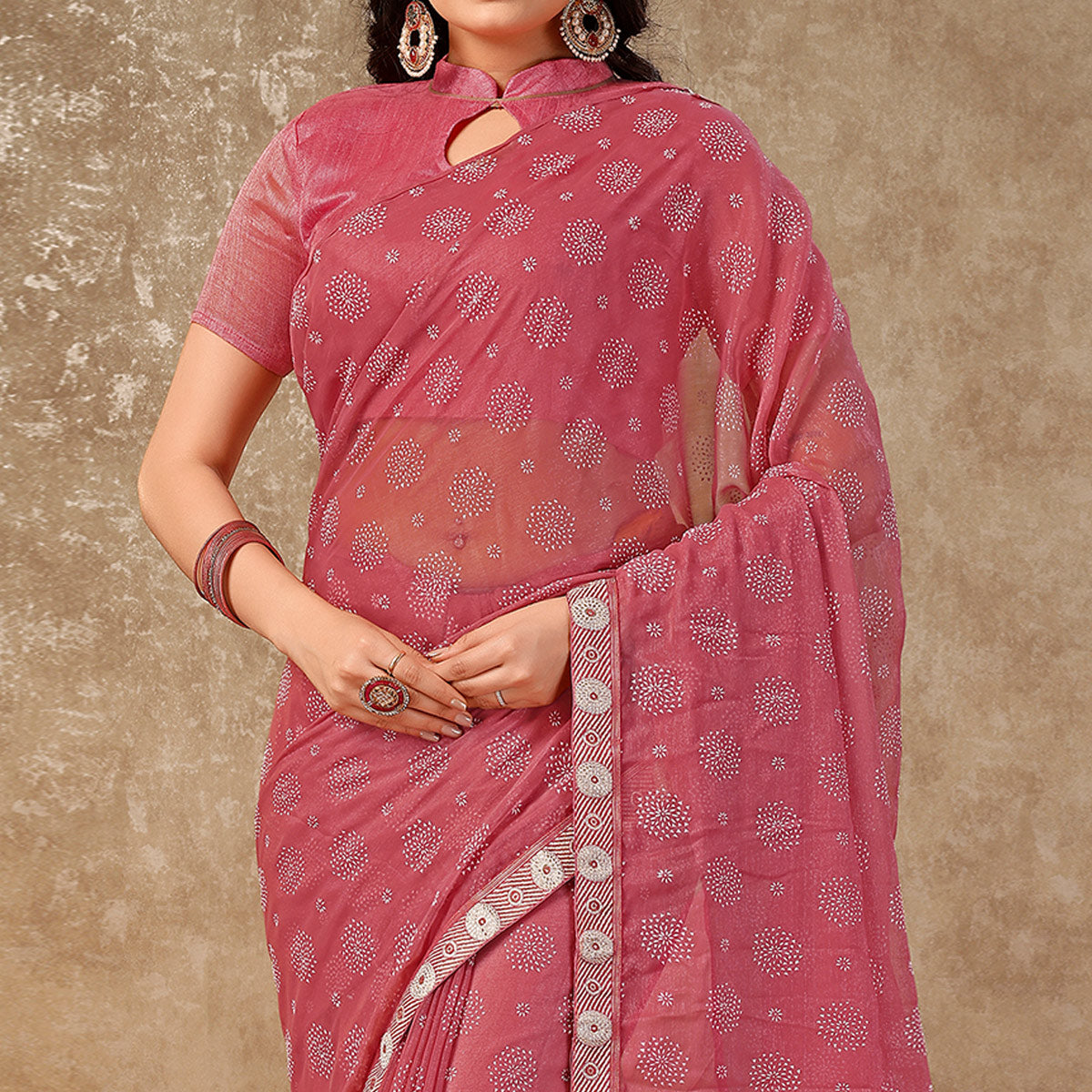 Pink Printed Chiffon Saree With Lace Border