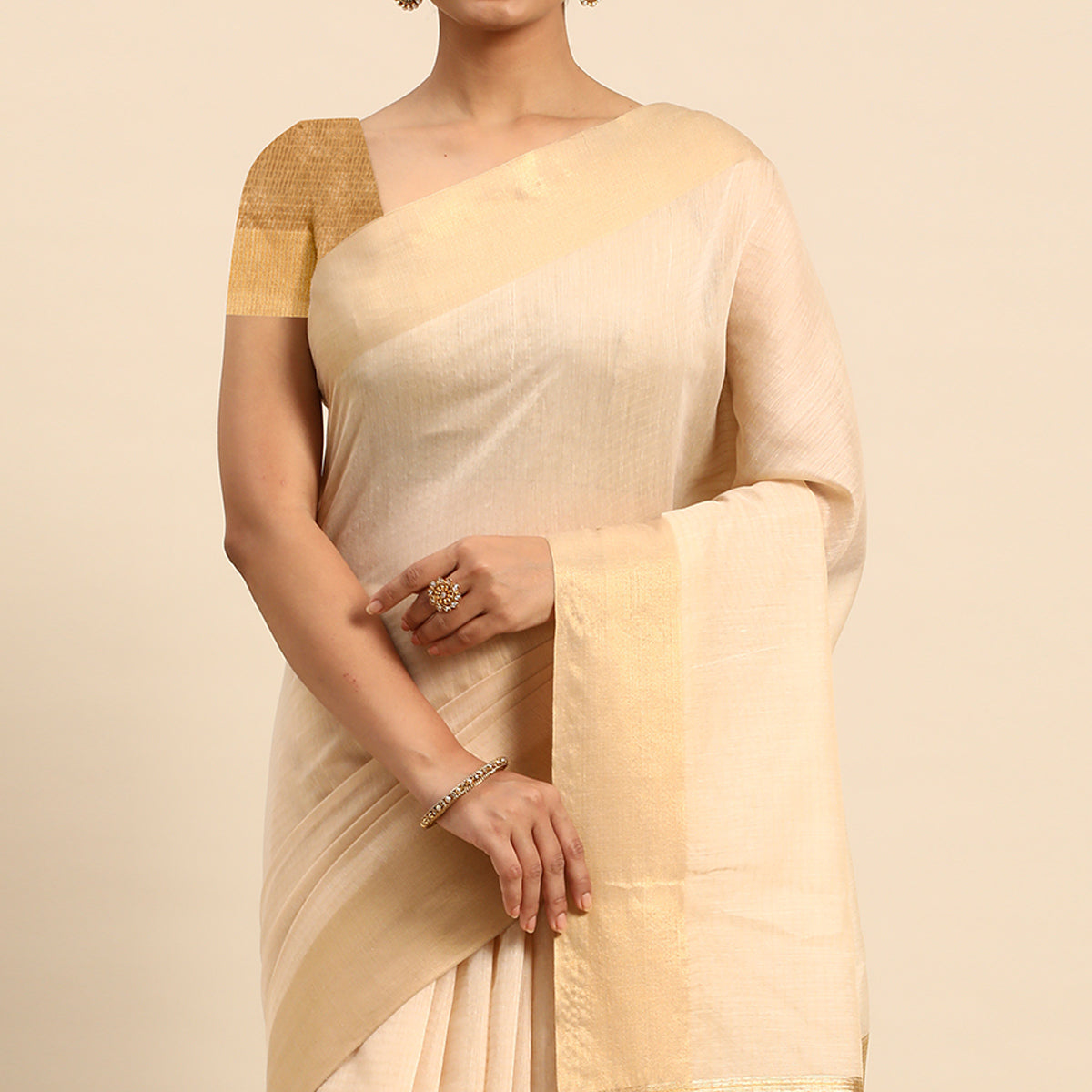 Beige Woven Zari Cotton Silk Saree