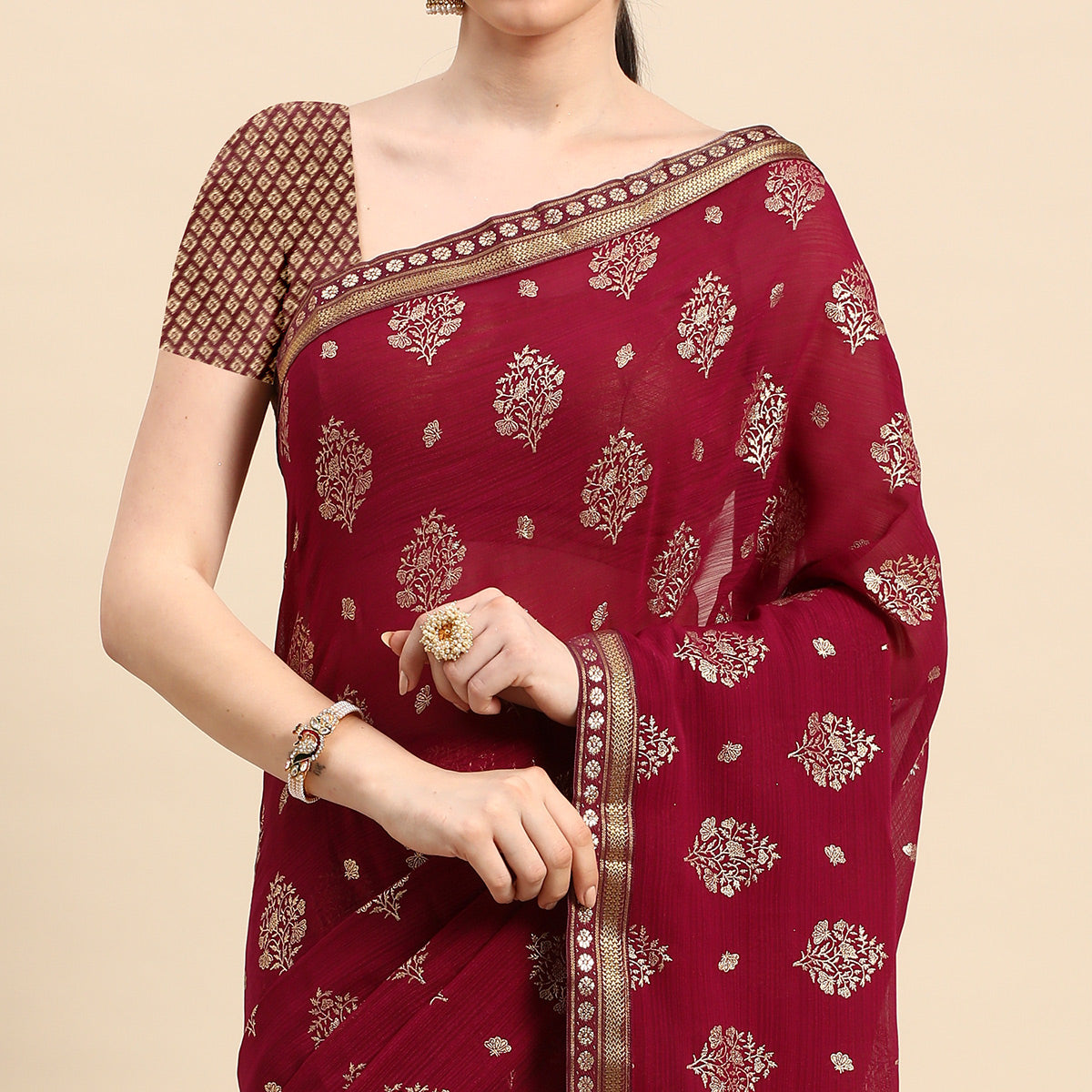 Wine Floral Foil Printed Chiffon Saree With Tassels
