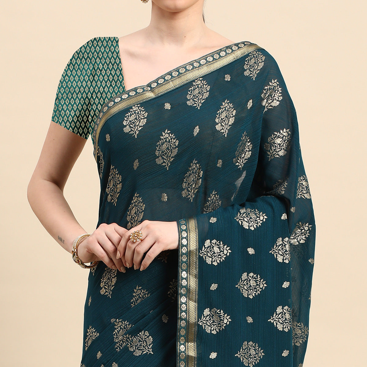Teal Blue Floral Foil Printed Chiffon Saree With Tassels