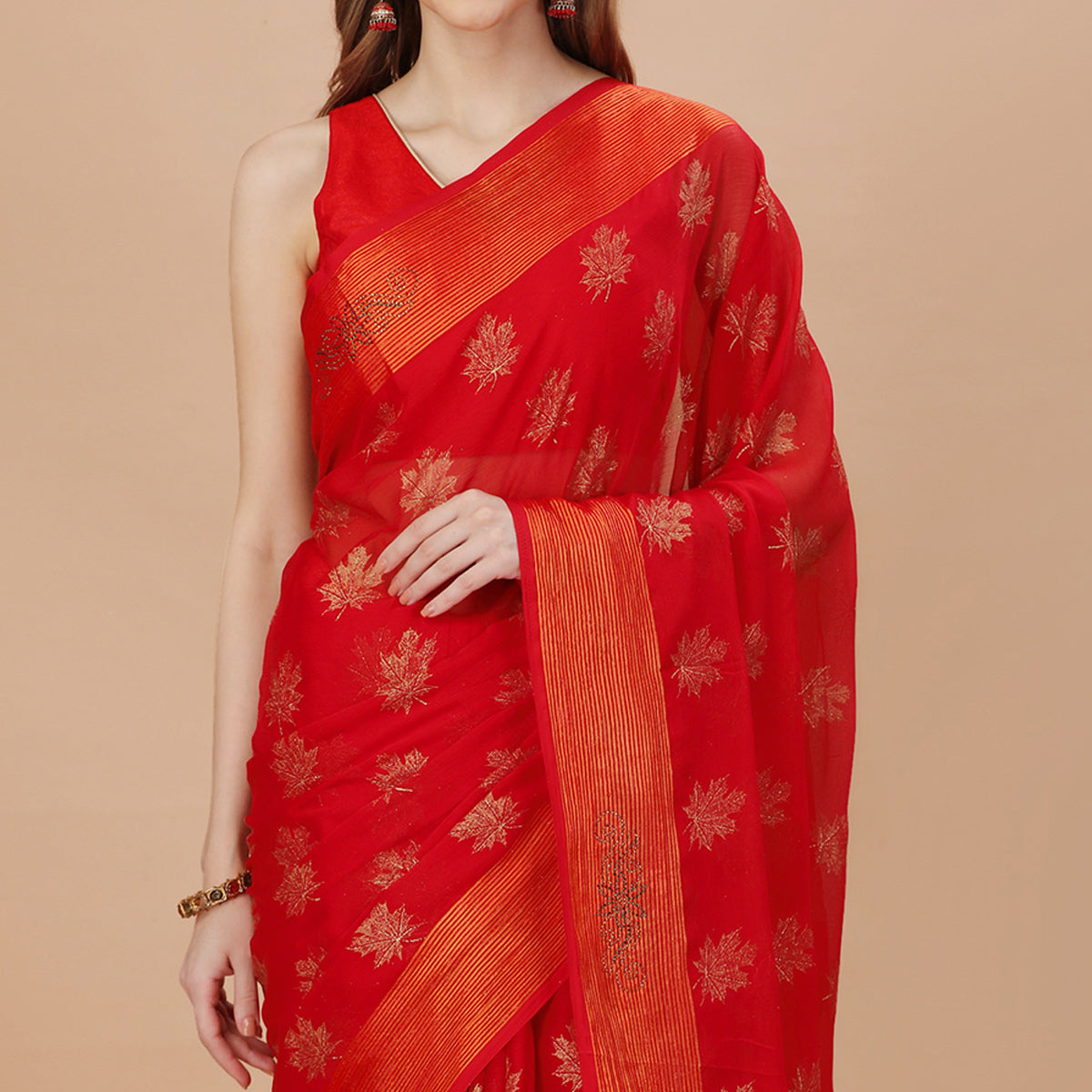 Red Zari Work Chiffon Saree With Tassels