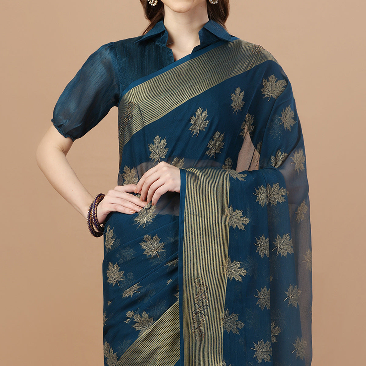 Teal Blue Zari Work Chiffon Saree With Tassels