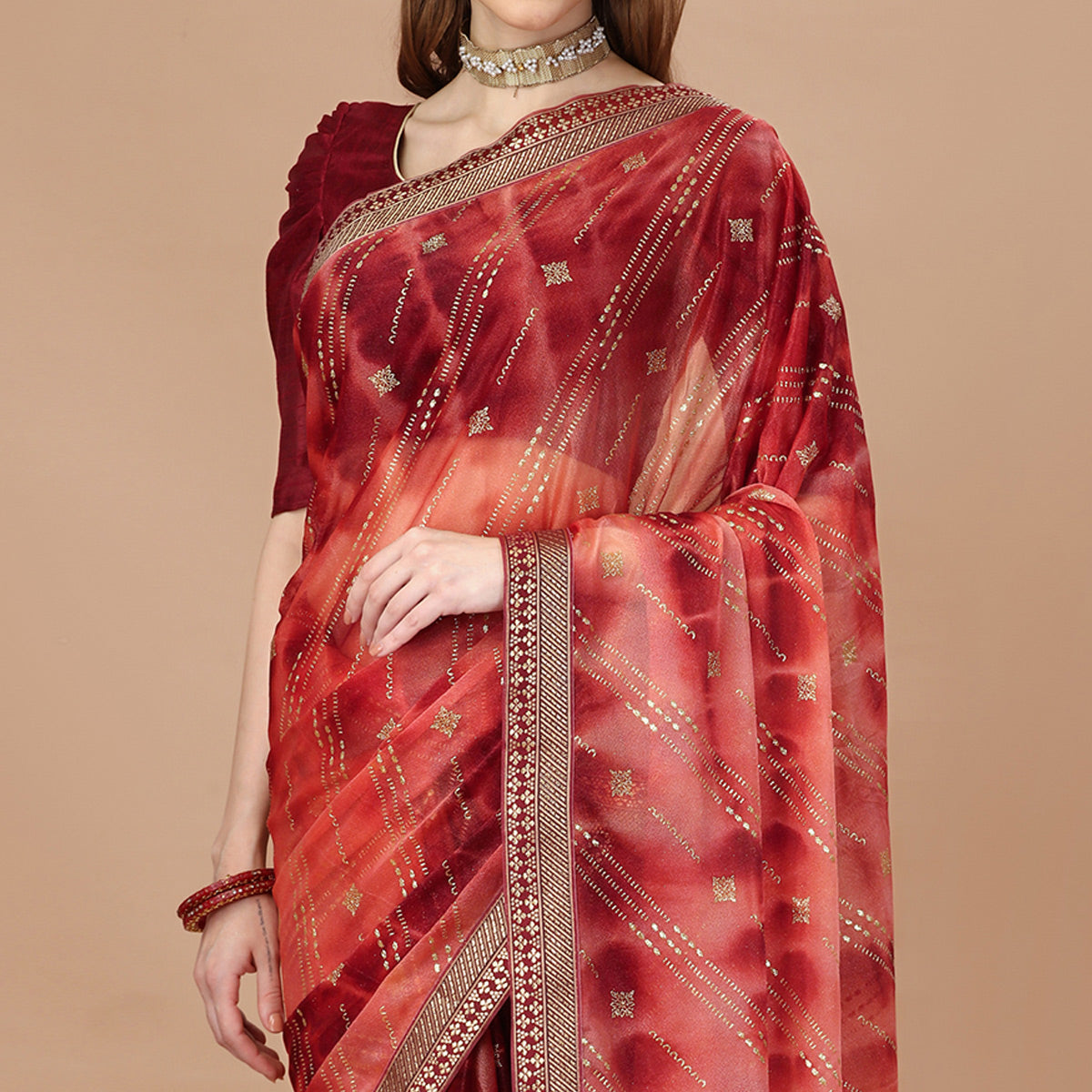 Red Zari Work Chiffon Saree Lace Border