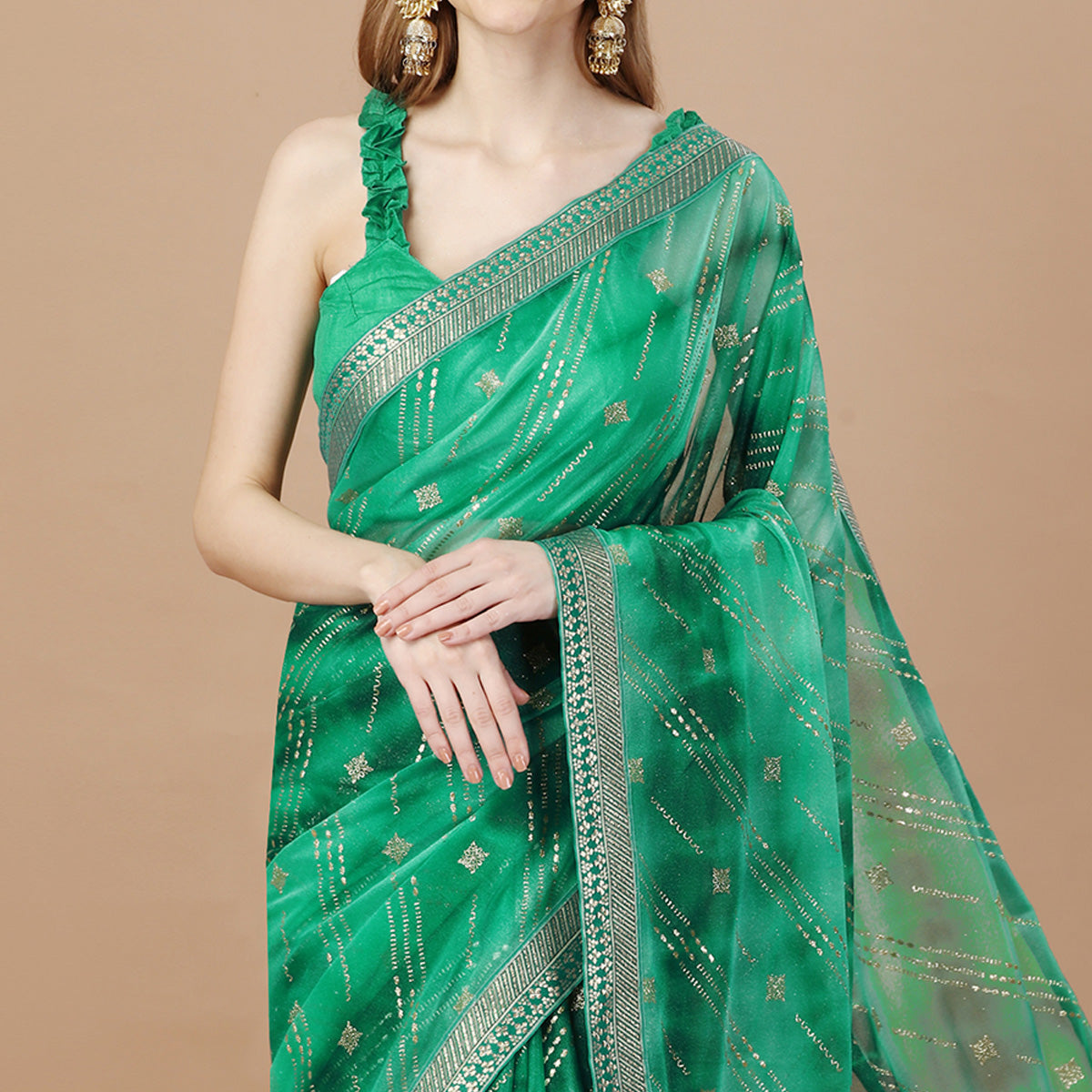 Green Zari Work Chiffon Saree Lace Border