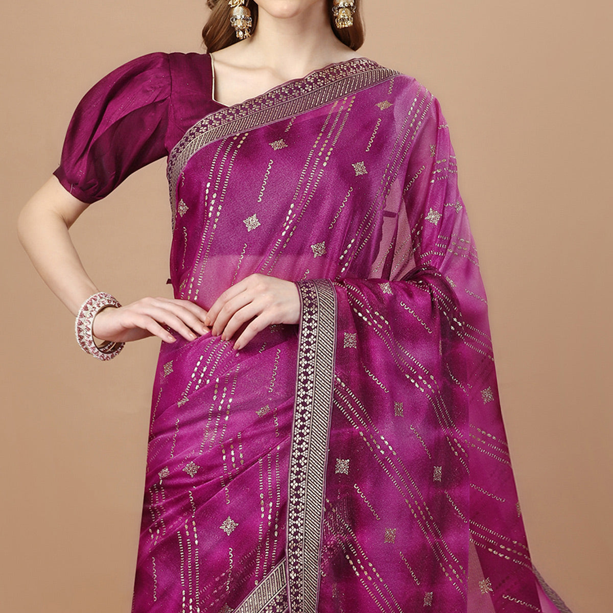 Purple Zari Work Chiffon Saree Lace Border