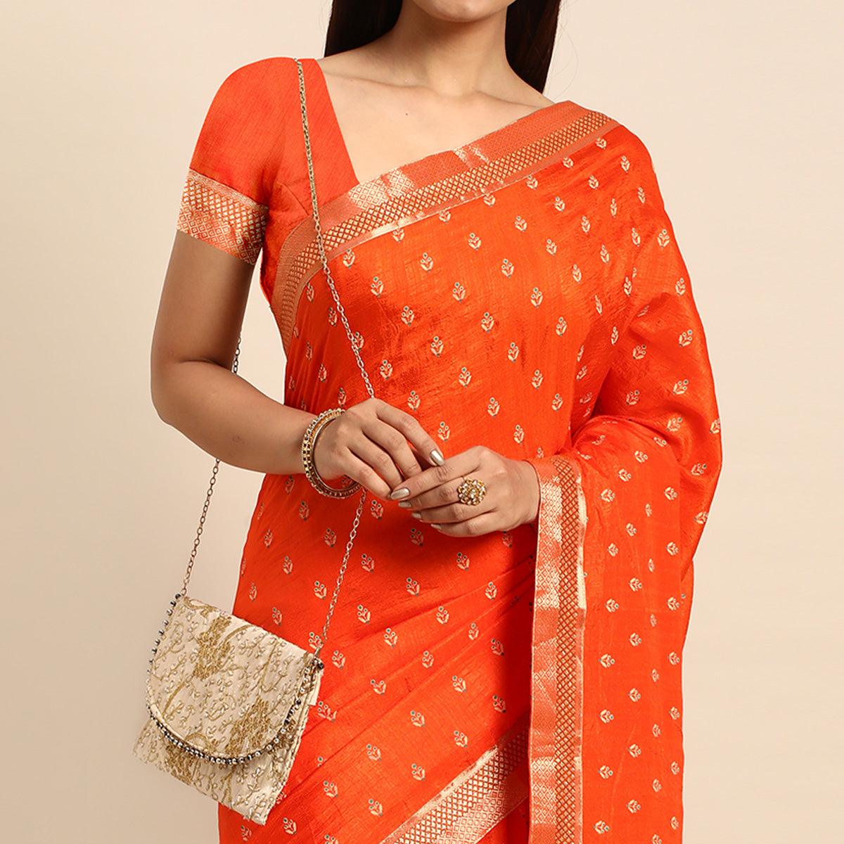 Orange Floral Printed Vichitra Silk Saree With Tassels