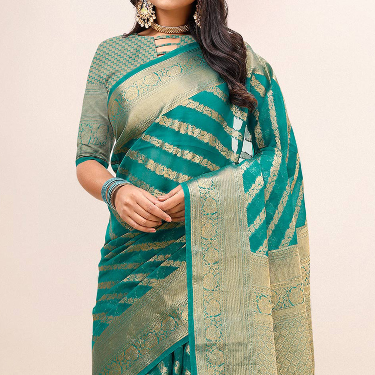 Rama Green Woven Organza Saree With Tassels
