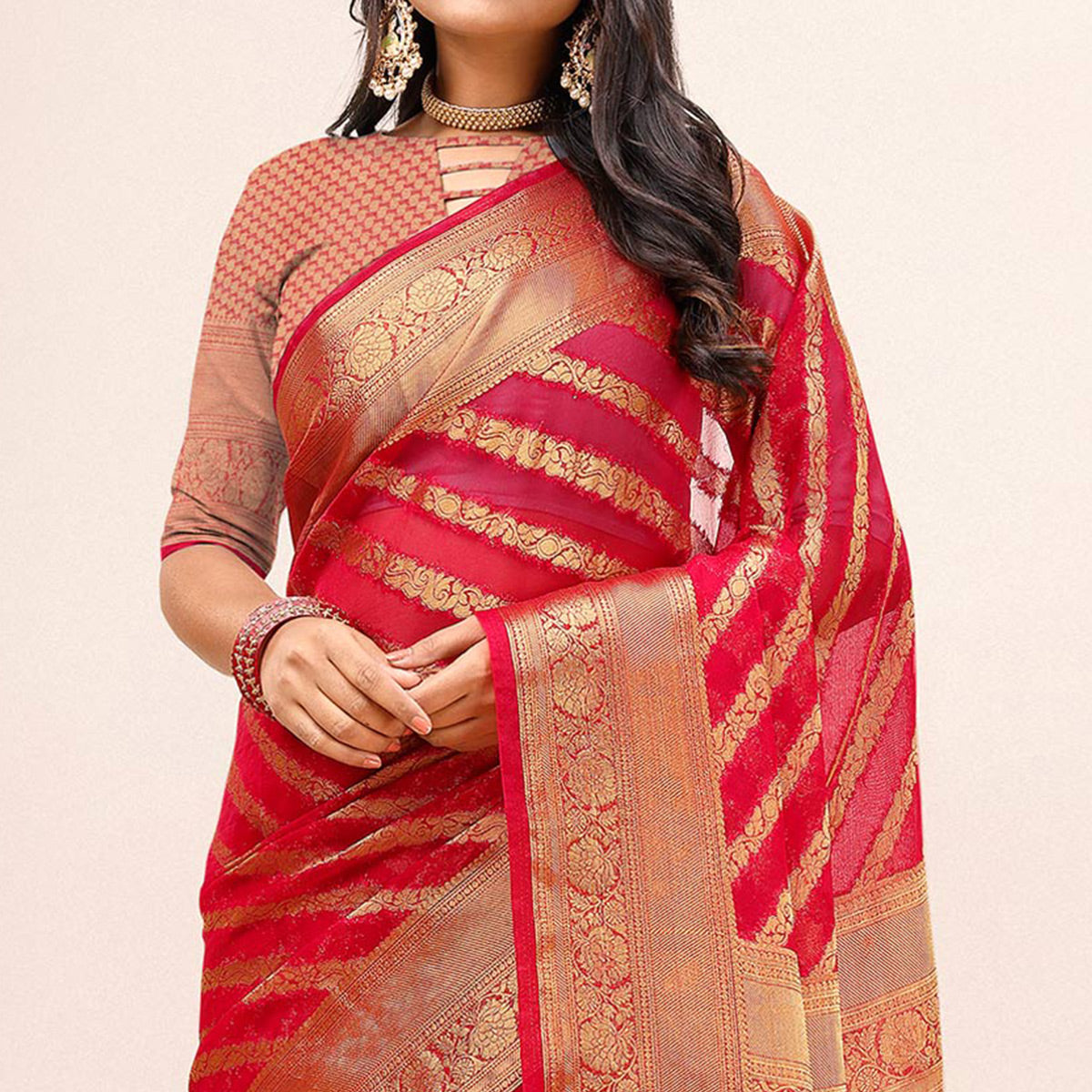 Pink Woven Organza Saree With Tassels