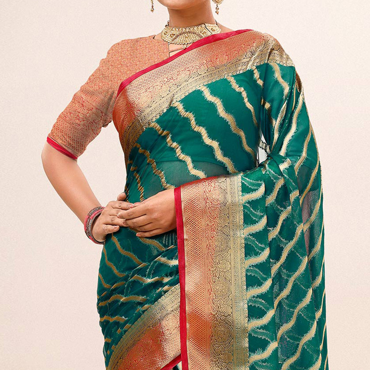 Teal Green Woven Organza Saree With Tassels