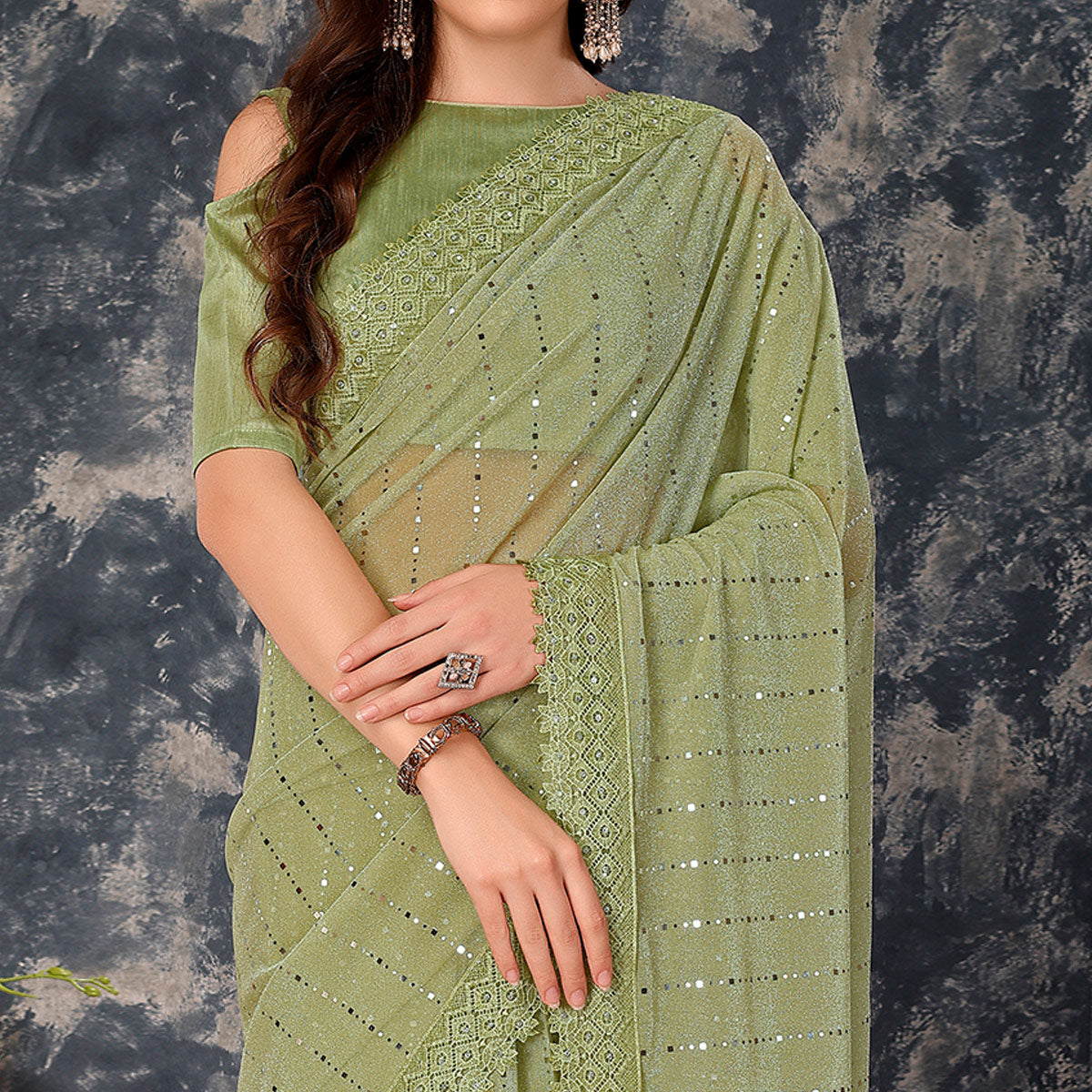 Green Tikali With Floral Embroidered Lycra Saree