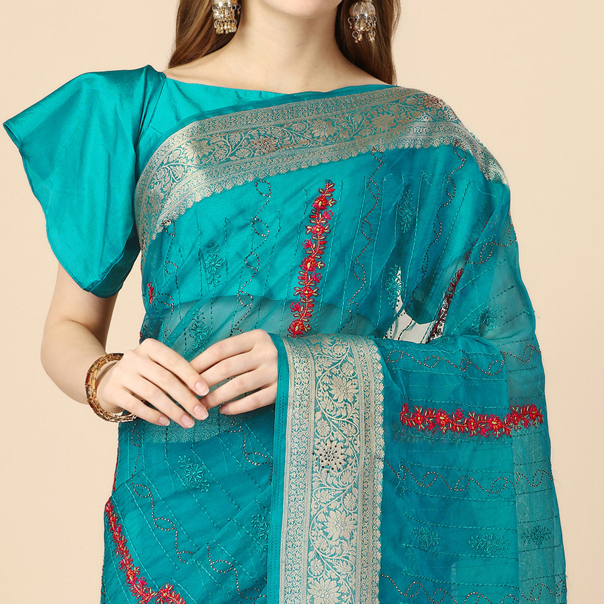 Rama Blue Floral Embroidery With Swarovski Work Organza Saree
