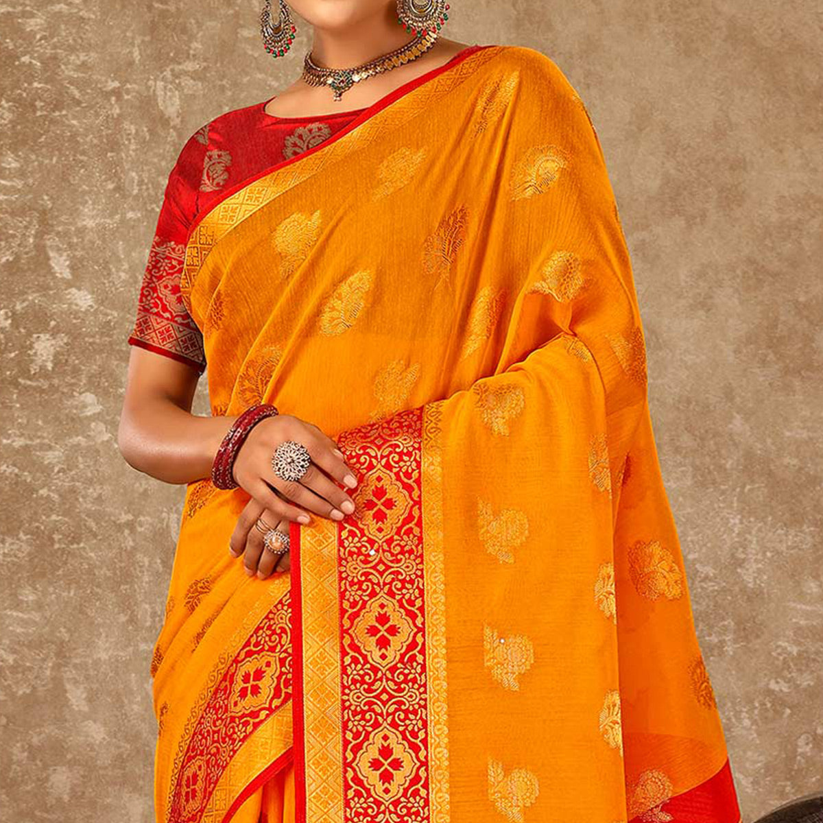 Mustard Floral Zari Woven Cotton Silk Saree