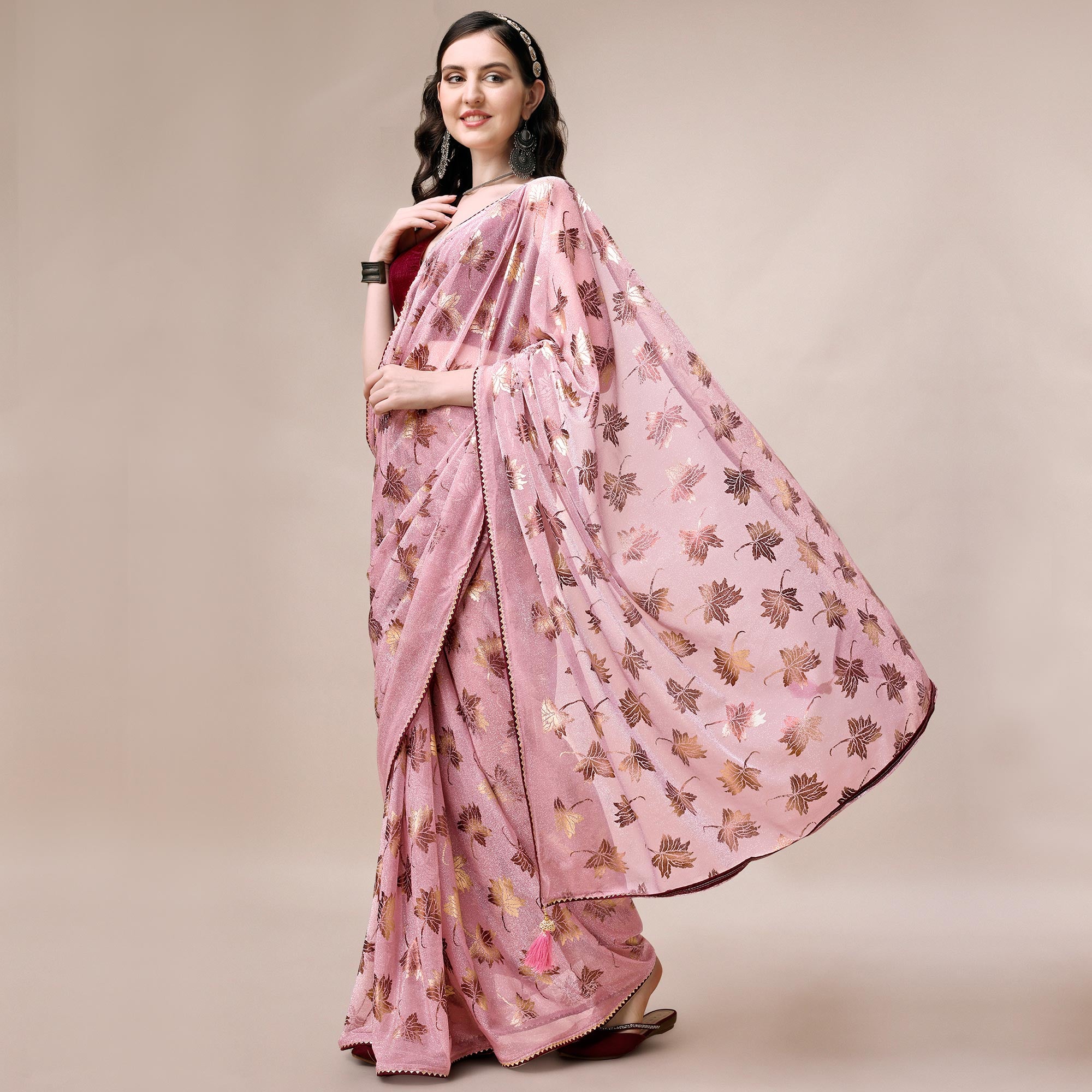 Pink Floral Foil Printed Rayon Saree