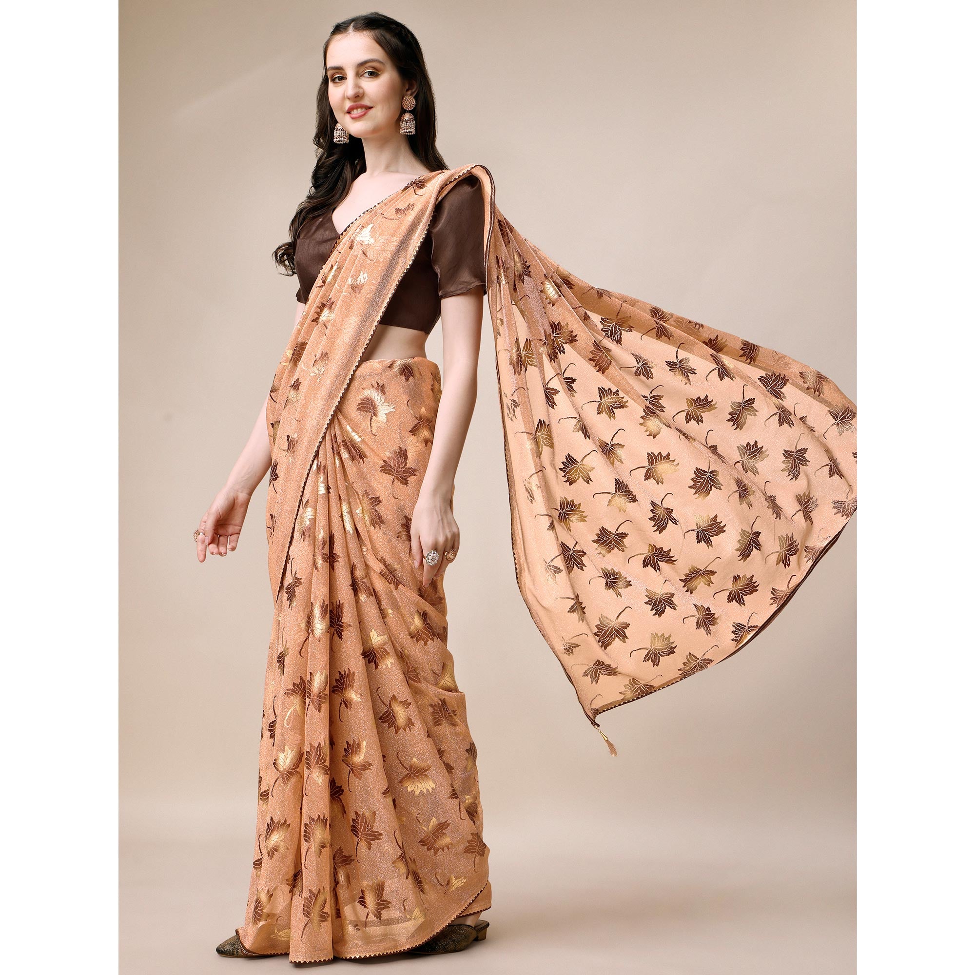 Peach Floral Foil Printed Rayon Saree