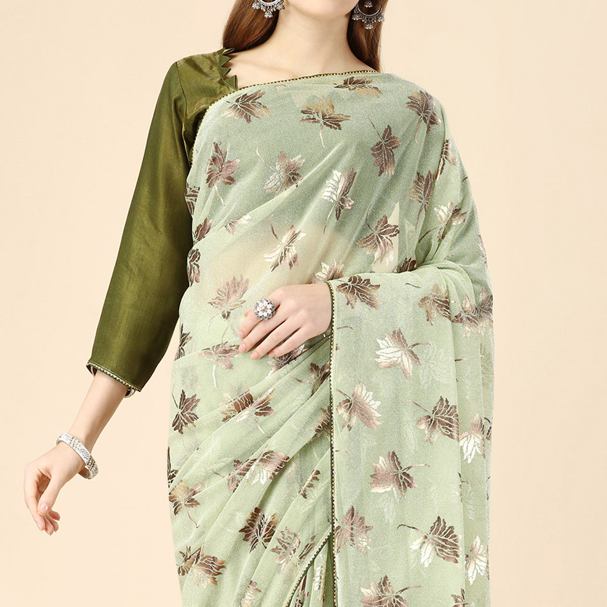 Light Green Floral Foil Printed Rayon Saree