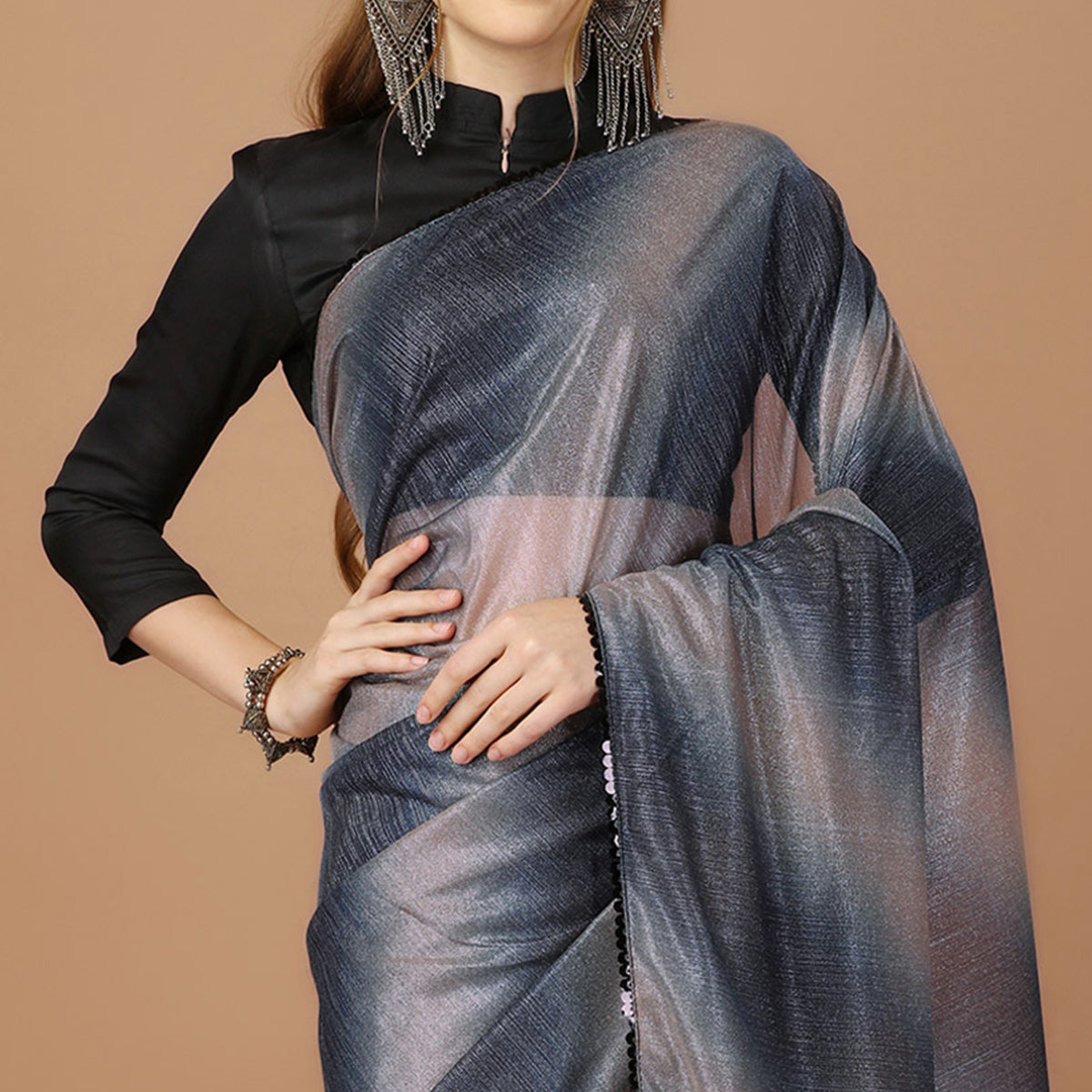 Blue Digital Printed Lycra Saree With Lace Border