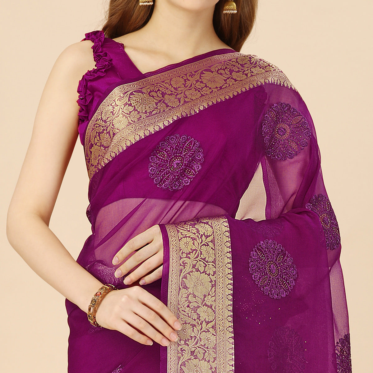Purple Floral Embroidery With Swarovski Work Organza Saree