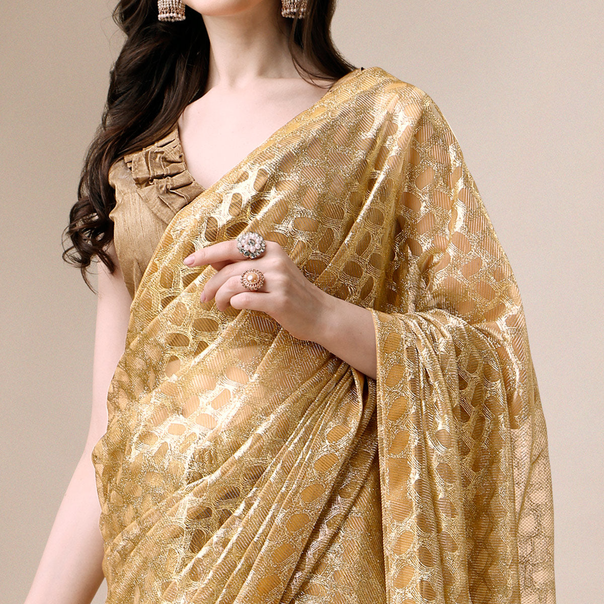 Mustard Foil Printed Rayon Saree