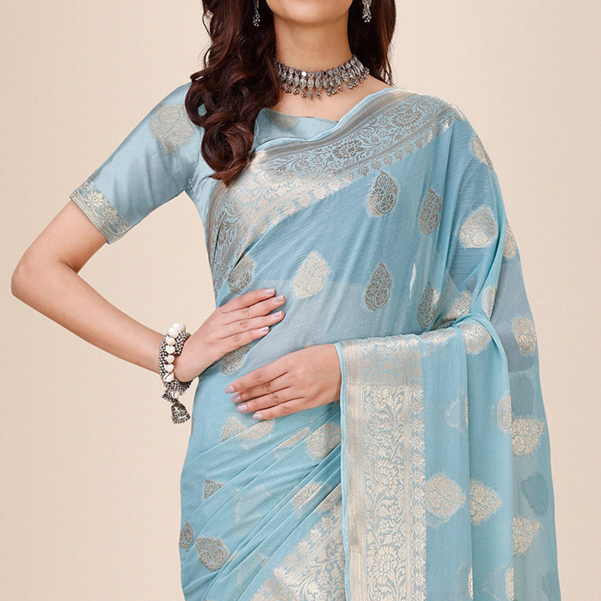 Sky Blue Woven Chiffon Saree