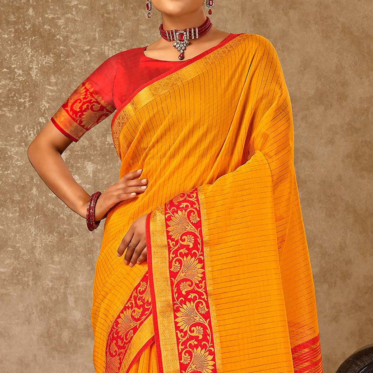 Mustard Zari Woven Cotton Silk Saree