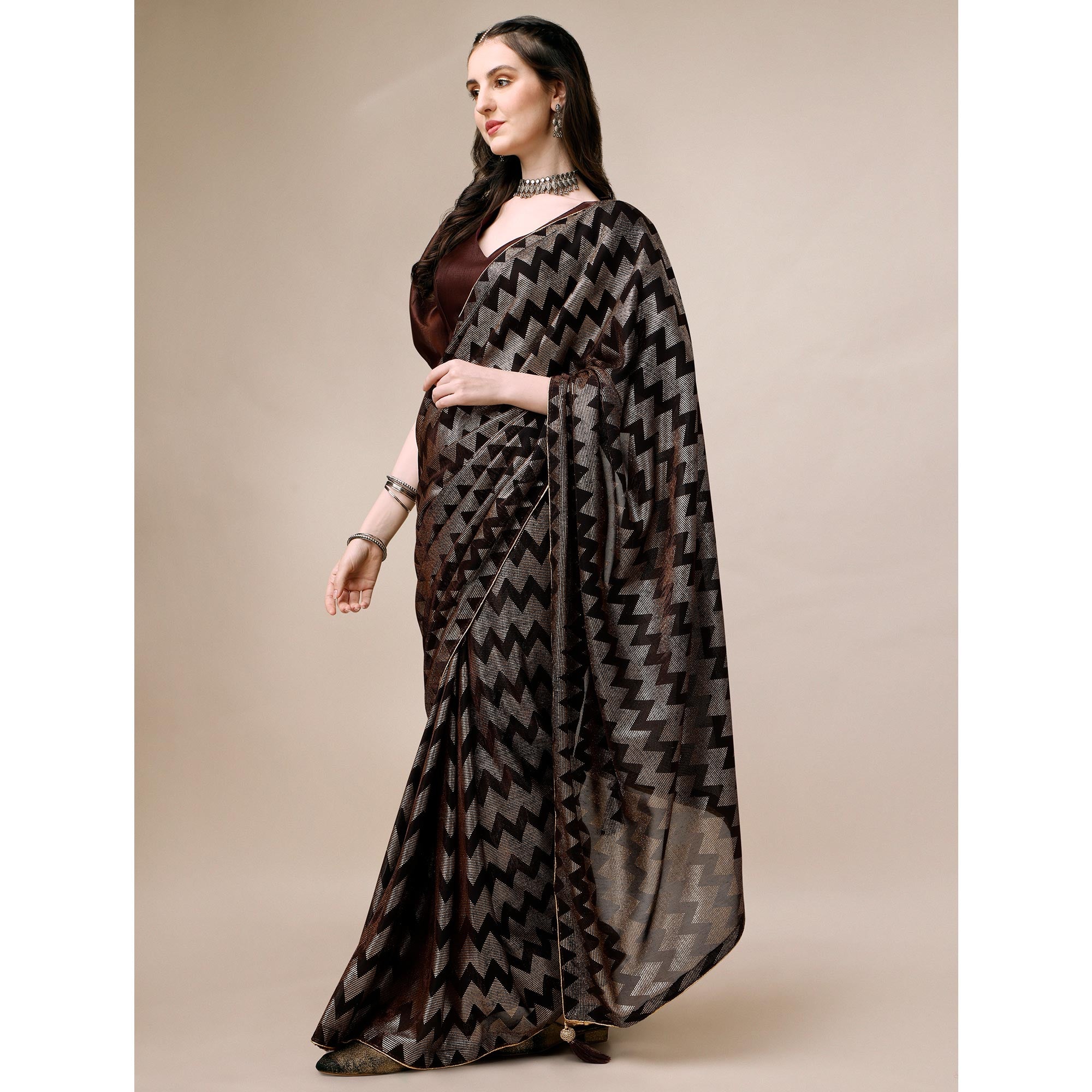 Brown Digital Foil Printed Rayon Saree