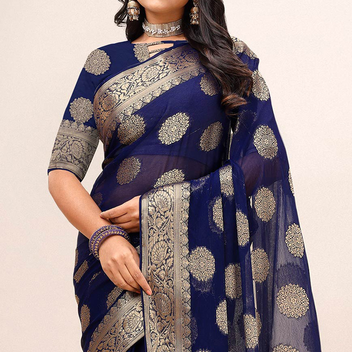 Navy Blue Woven Chiffon Saree With Tassels
