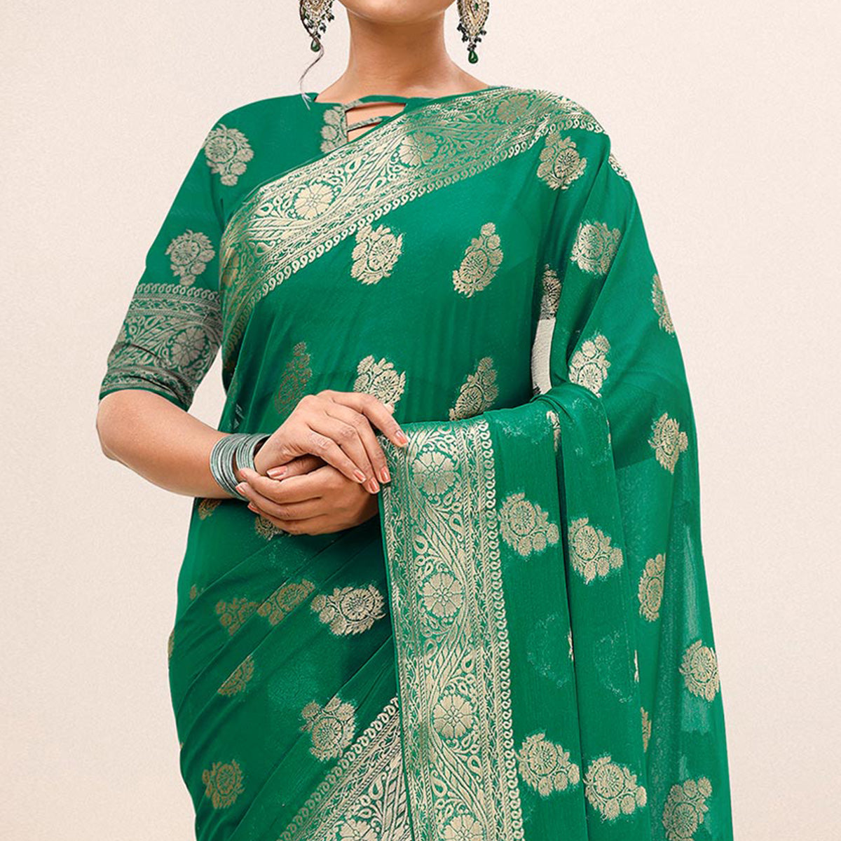 Green Woven Chiffon Saree With Tassels