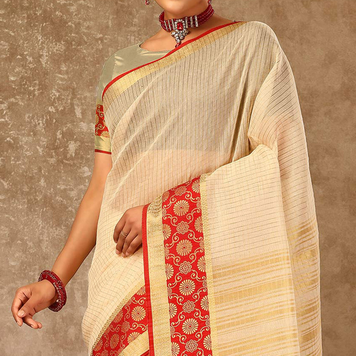Beige Zari Woven Cotton Silk Saree