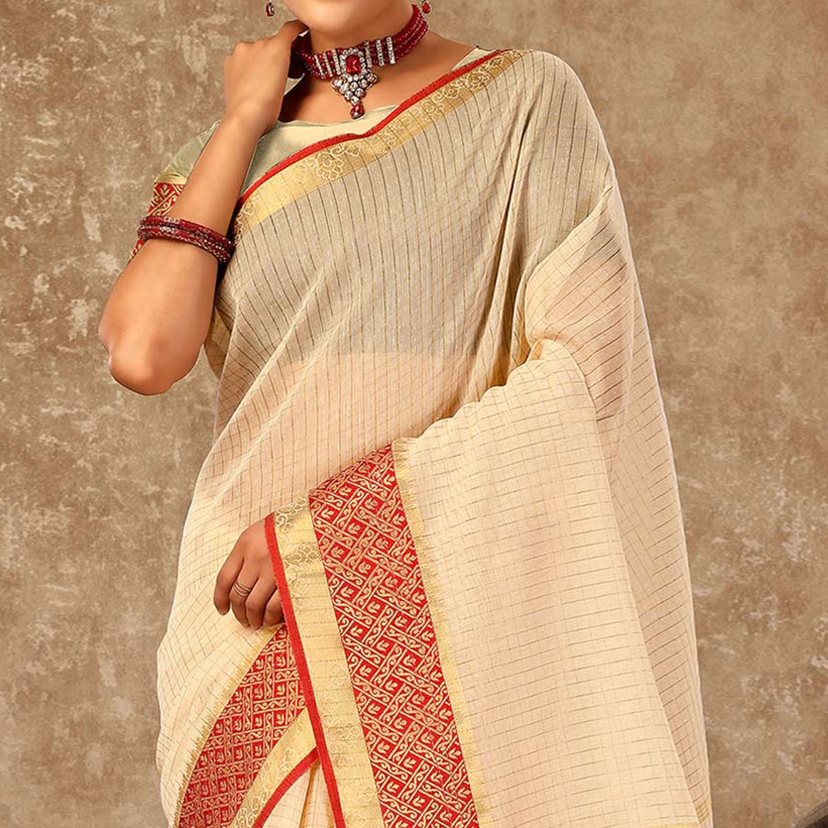 Beige Zari Woven Cotton Silk Saree