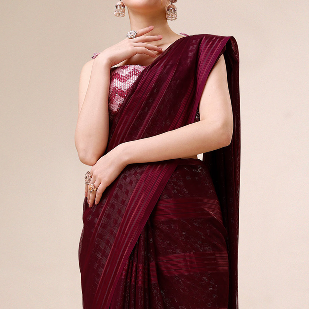 Wine Striped Woven Chiffon Saree